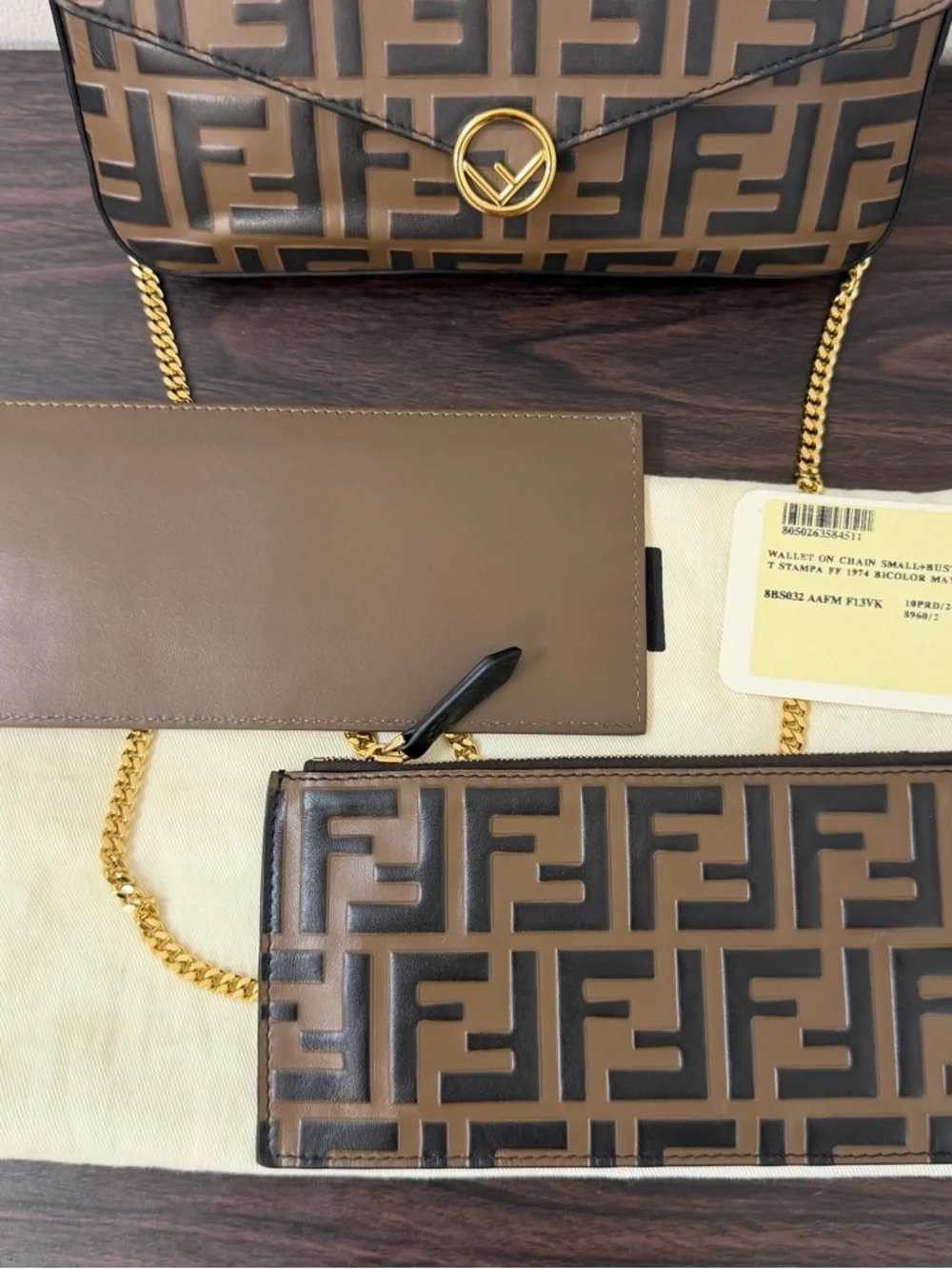 Fendi FF Zucca Wallet on Chain Brown Bicolor Gold Chain WOC 8BS032 - Picture 3 of 14